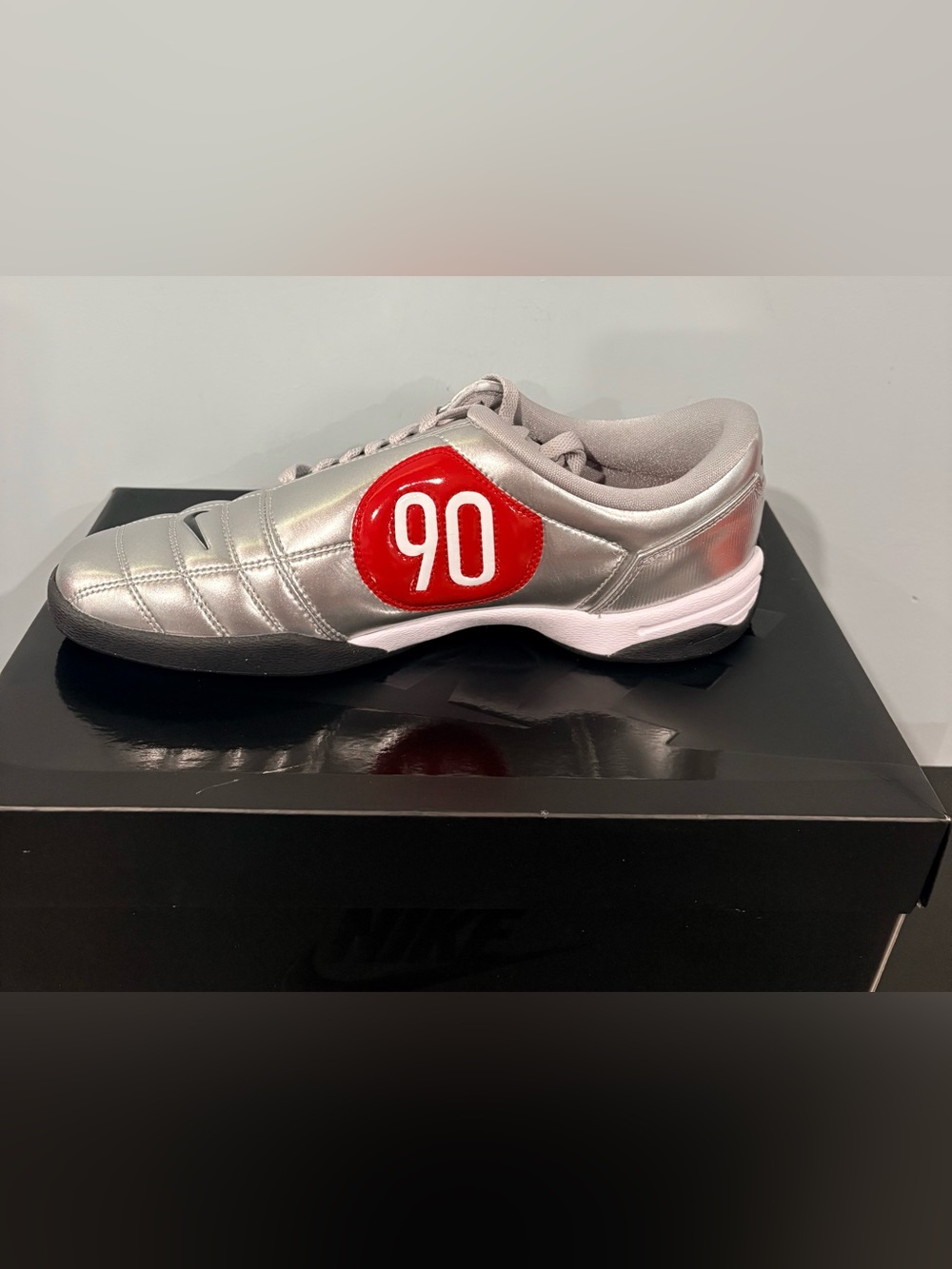 Nike T90 SP Men's Shoes | color: Metallic Silver/University Red/Black | size 8.5